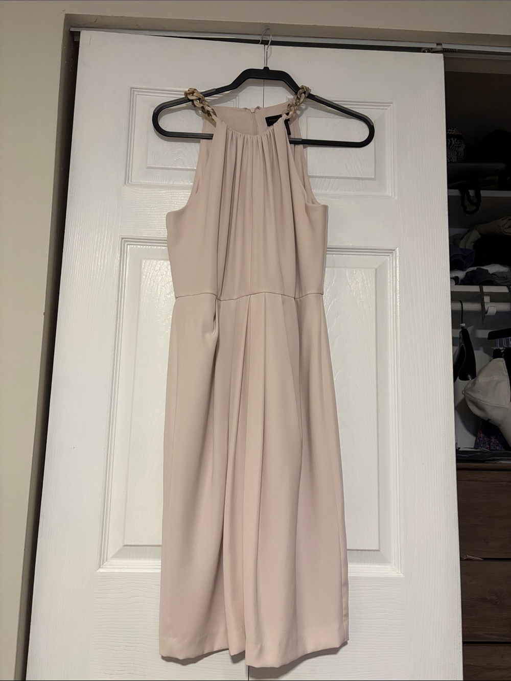 Donna Karan Sleeveless Halter Midi Dress in Light Beige. Size 8. NWOT